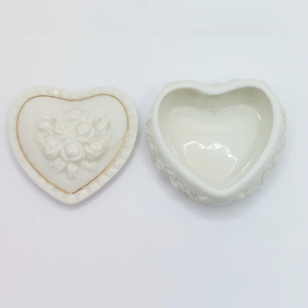 Vintage White Porcelain Heart Shaped Trinket Box Rose Floral Design Gold Trim